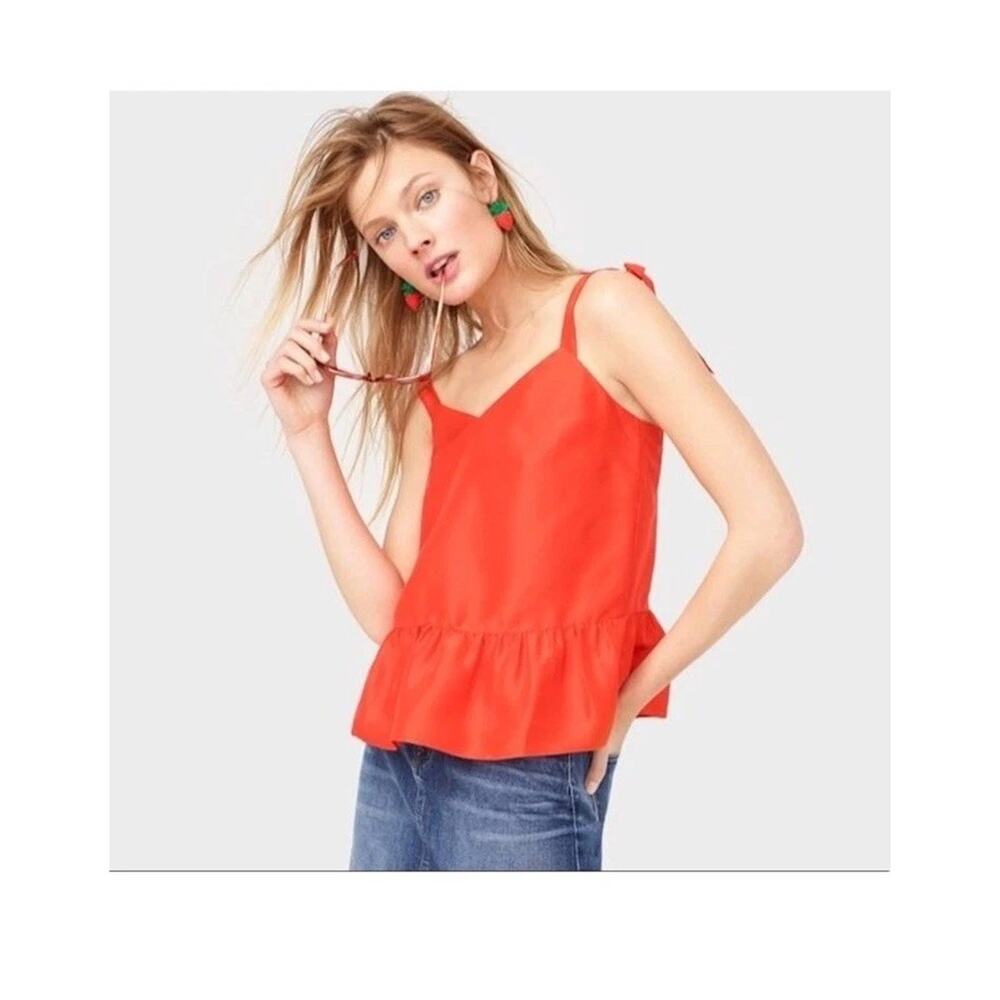 J.Crew top tomato Red Silk Tie Shoulder Peplum Top Romantic Ruffle Bow size 00